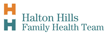 Orange and green logo of the organization, a stylised double-H and the words Halton Hills Family Health Team